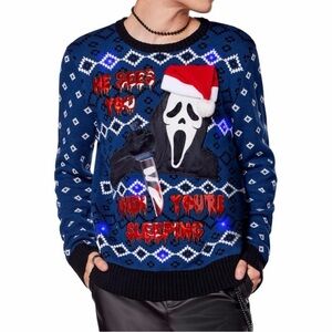 Spencer's Blue Scream Ghost Face Santa LED Knit Crewneck Sweater Large NWT
